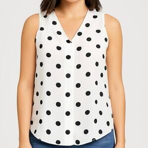 Y2K Black White Polka Dot Sleeveless Blouse Button Down Sheer Tank Top Sz Large